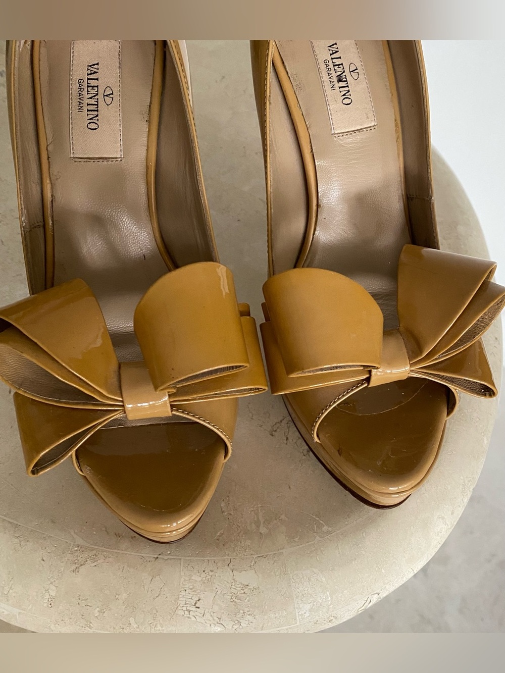 Valentino Garavani Tan Patent Bow Peep-Toe Pumps